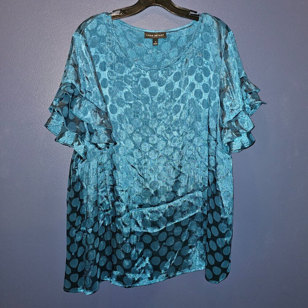 EUC, Lane Bryant, Teal Satin Dot Ruffle Sleeve Blouse, Sz 20